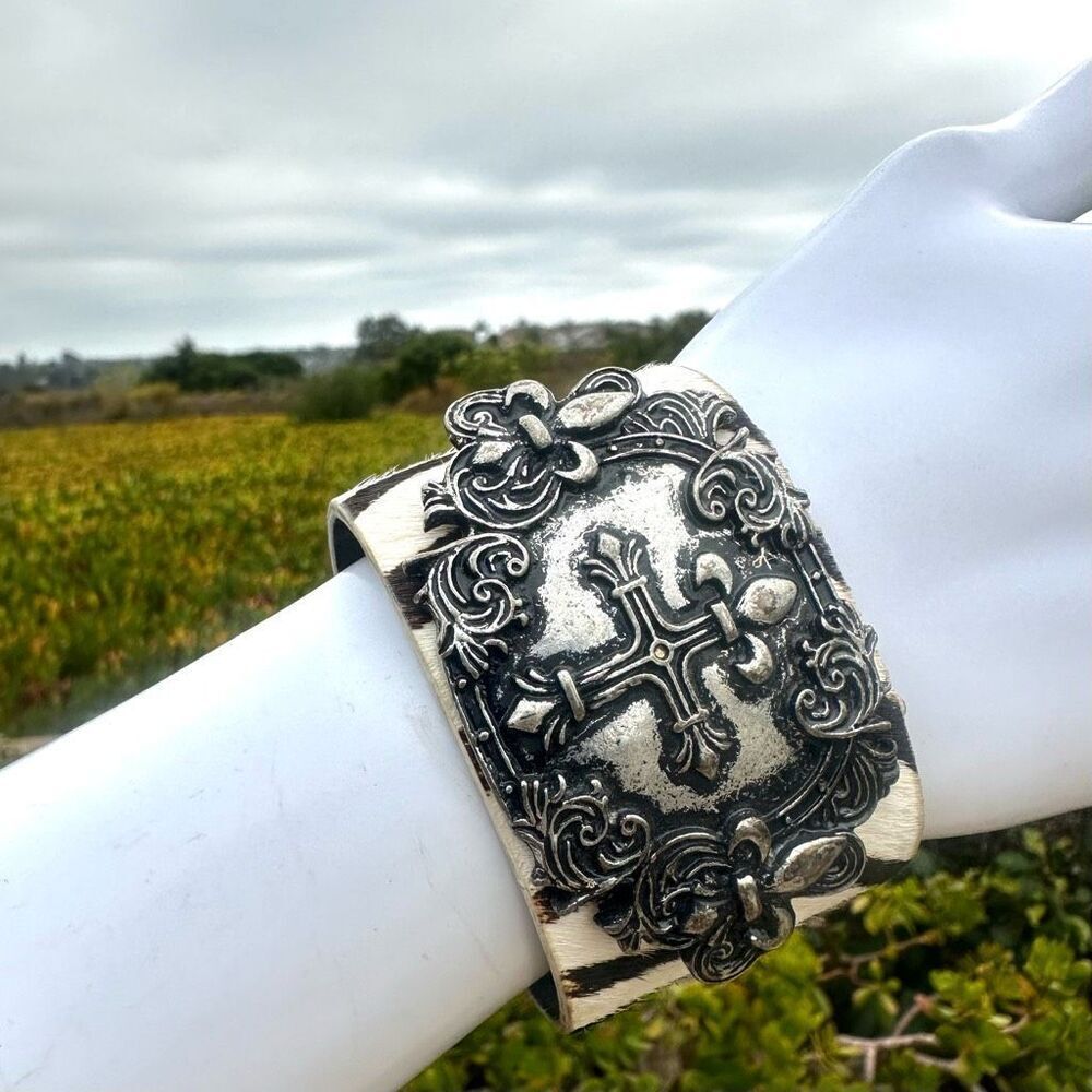 Zebra calf hair silver cross wide snap bracelet
